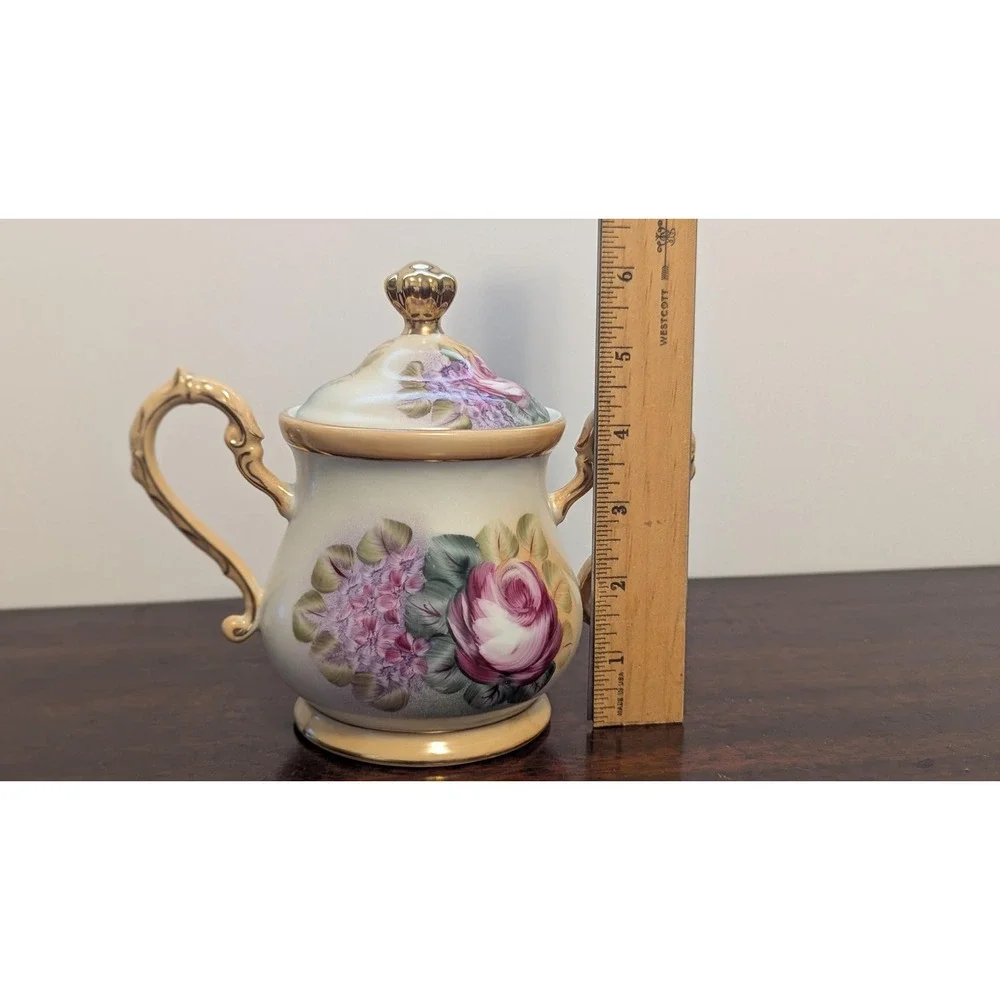 Vintage Rose Porcelain Tea Set Teapot Sugar Bowl Cups Cottagecore Floral Gold